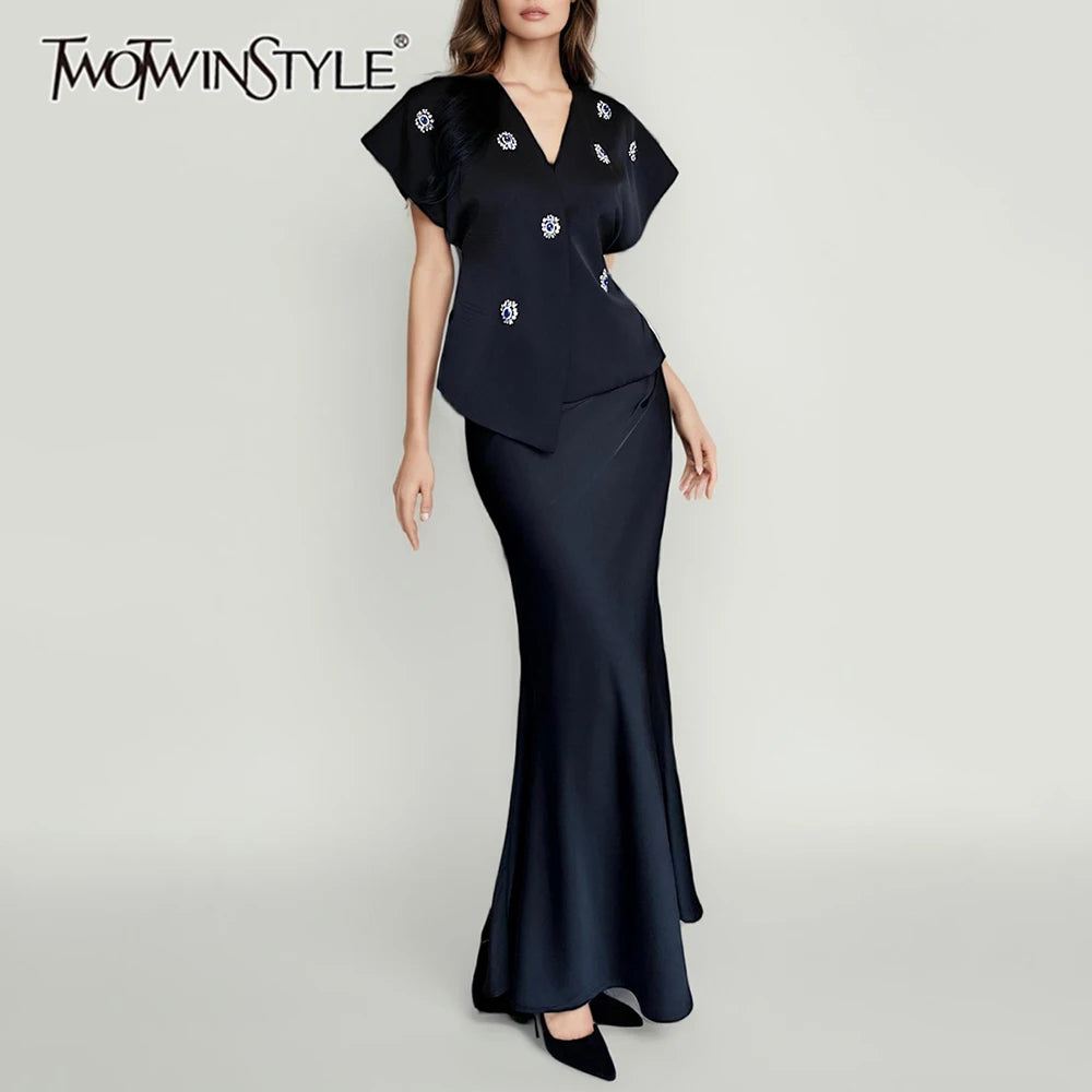 TWOTWINSTYLE Slimming Elegant Two Piece Sets for Women V Neck Short Sleeves Patchwork Bead Top High Waist Long Skirt Set Female
