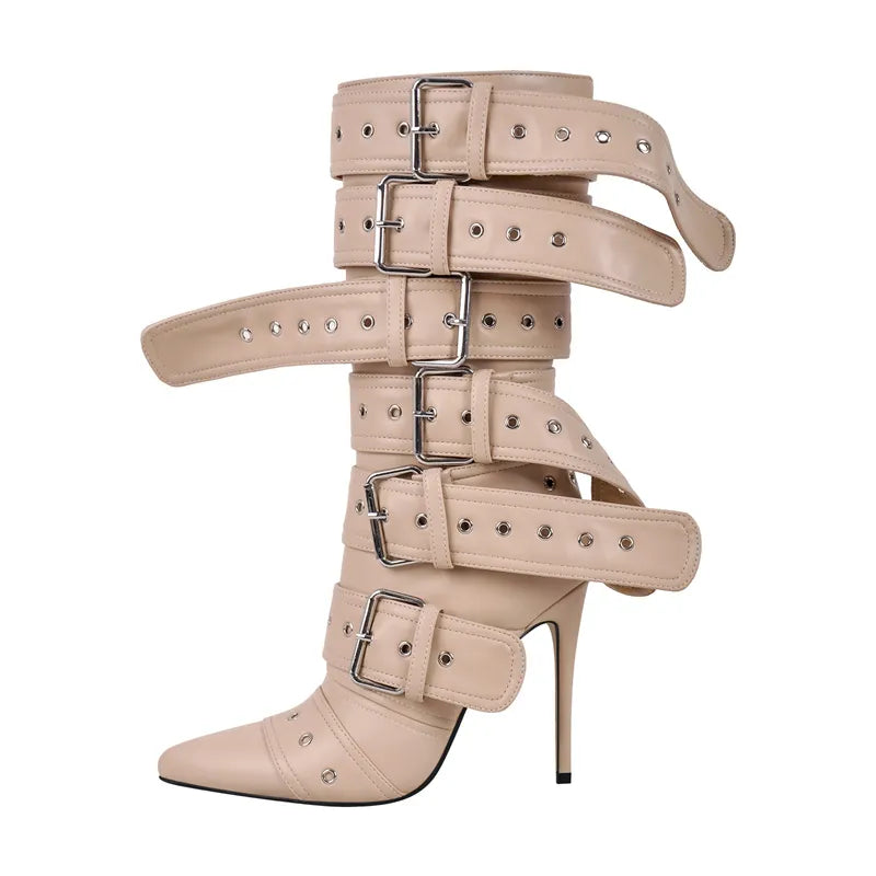 Women Pointed Toe Mid-Calf Boots Buckle Strap Thin High Heel Lady Zipper Female Stiletto Boots CD230841B