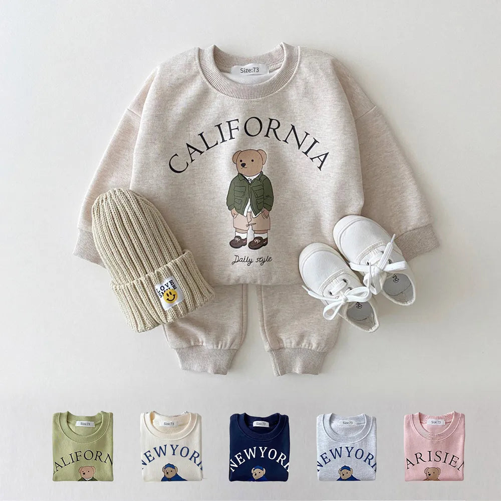 Conjuntos de roupas para bebês meninos e meninas, pulôver de urso + calças esportivas simples de algodão sólido, 2 peças, roupas infantis para meninos 