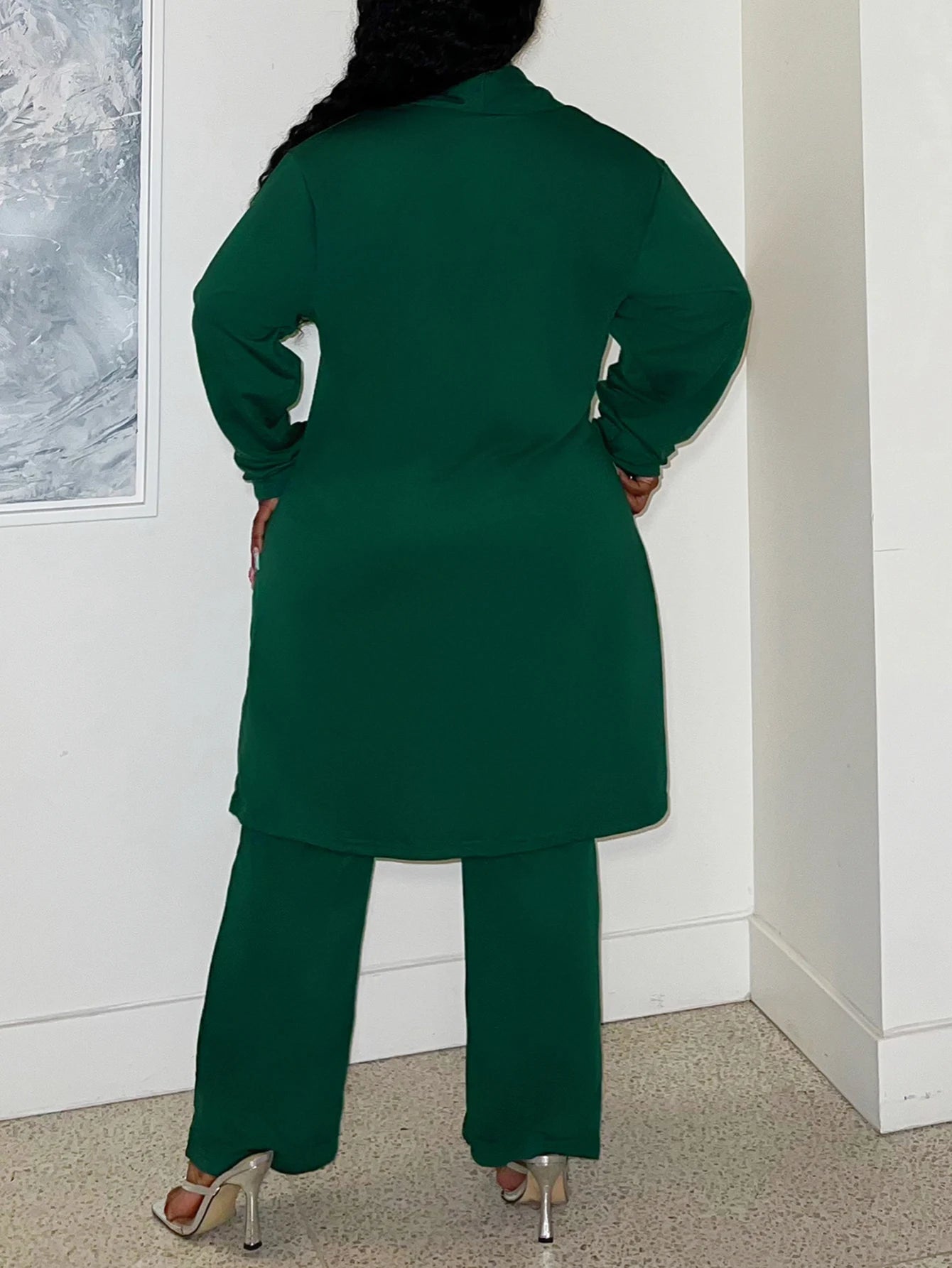 LW Plus Size Two pieces sets High Waist Drawstring Pants Set Autumn long sleeve solid long coat Top + loose trousers casual suit