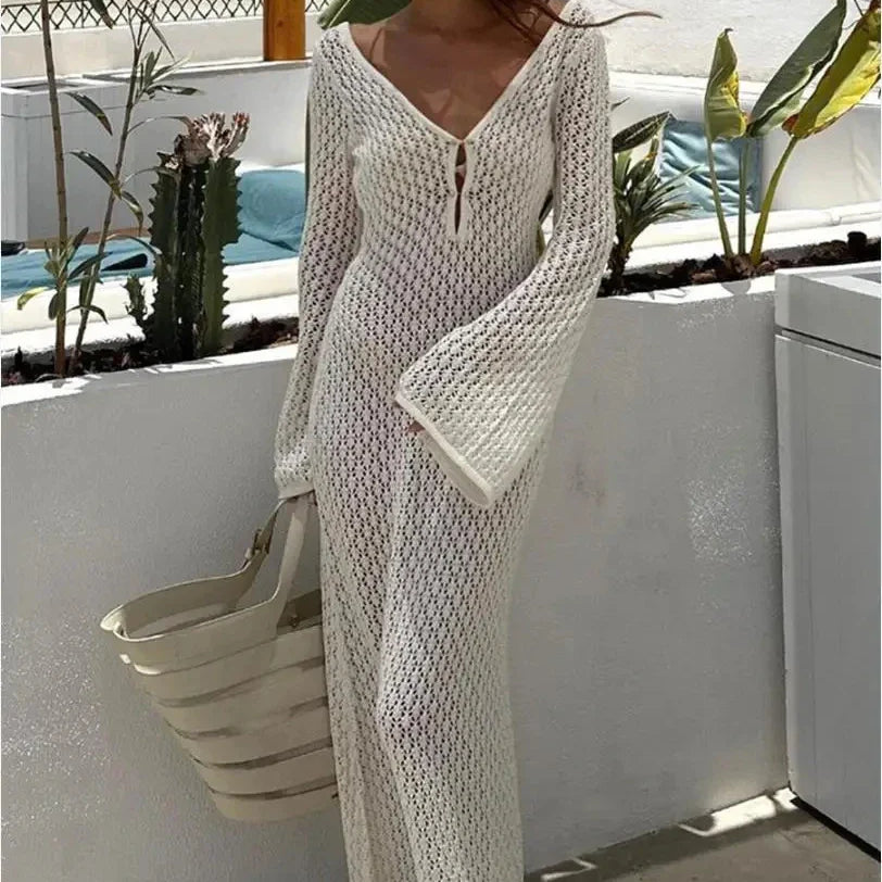 Sexy Women Long Knit Beach Dress Hollow-Out Deep V-Neck Long Sleeve Bikini Cover-Ups Dress Fall Backless Holiday Dress