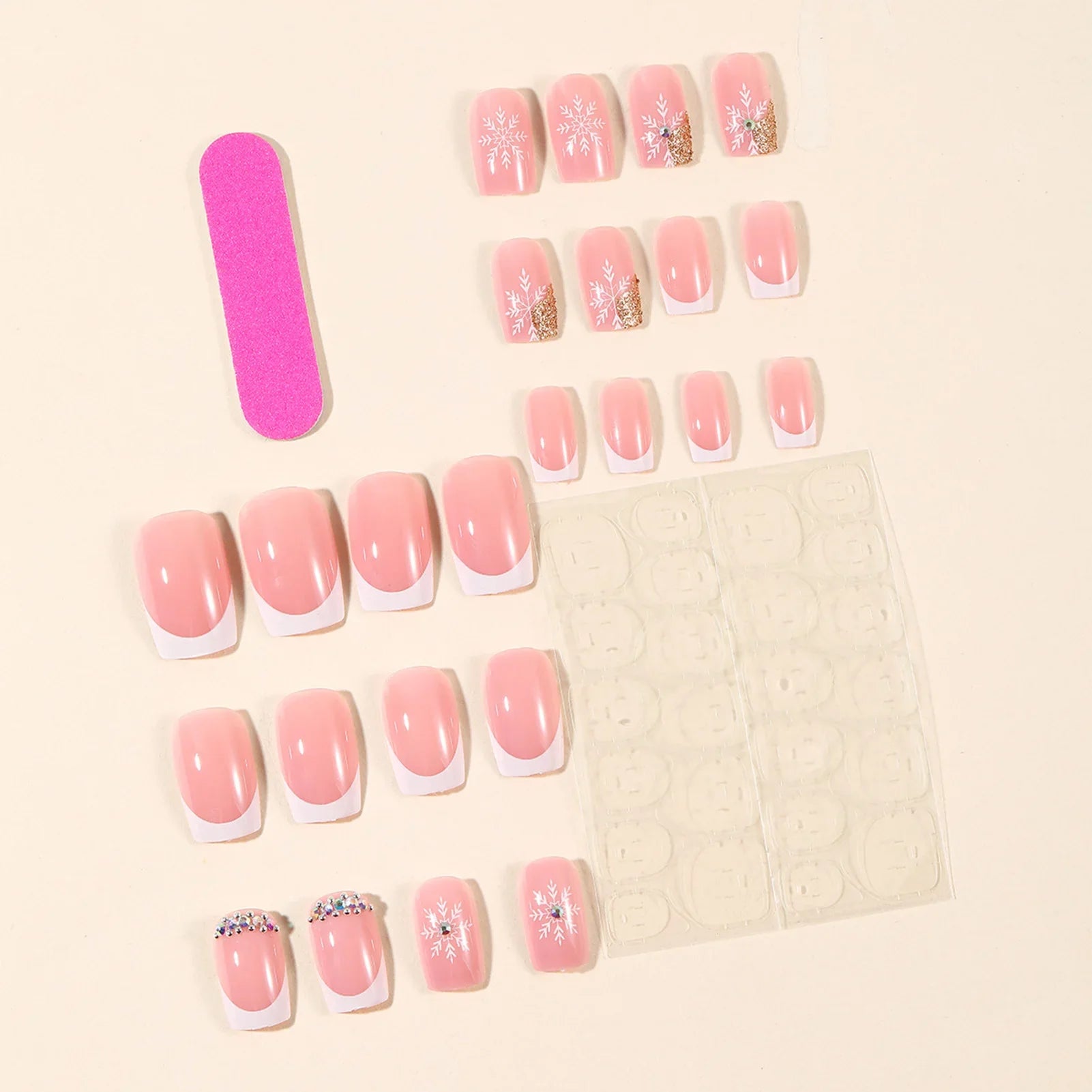 Nude Pink Fake Nails 24Pcs White French Press On Nails Snowflake Printed Women Girls Christmas Party Wearable False Nails Art
