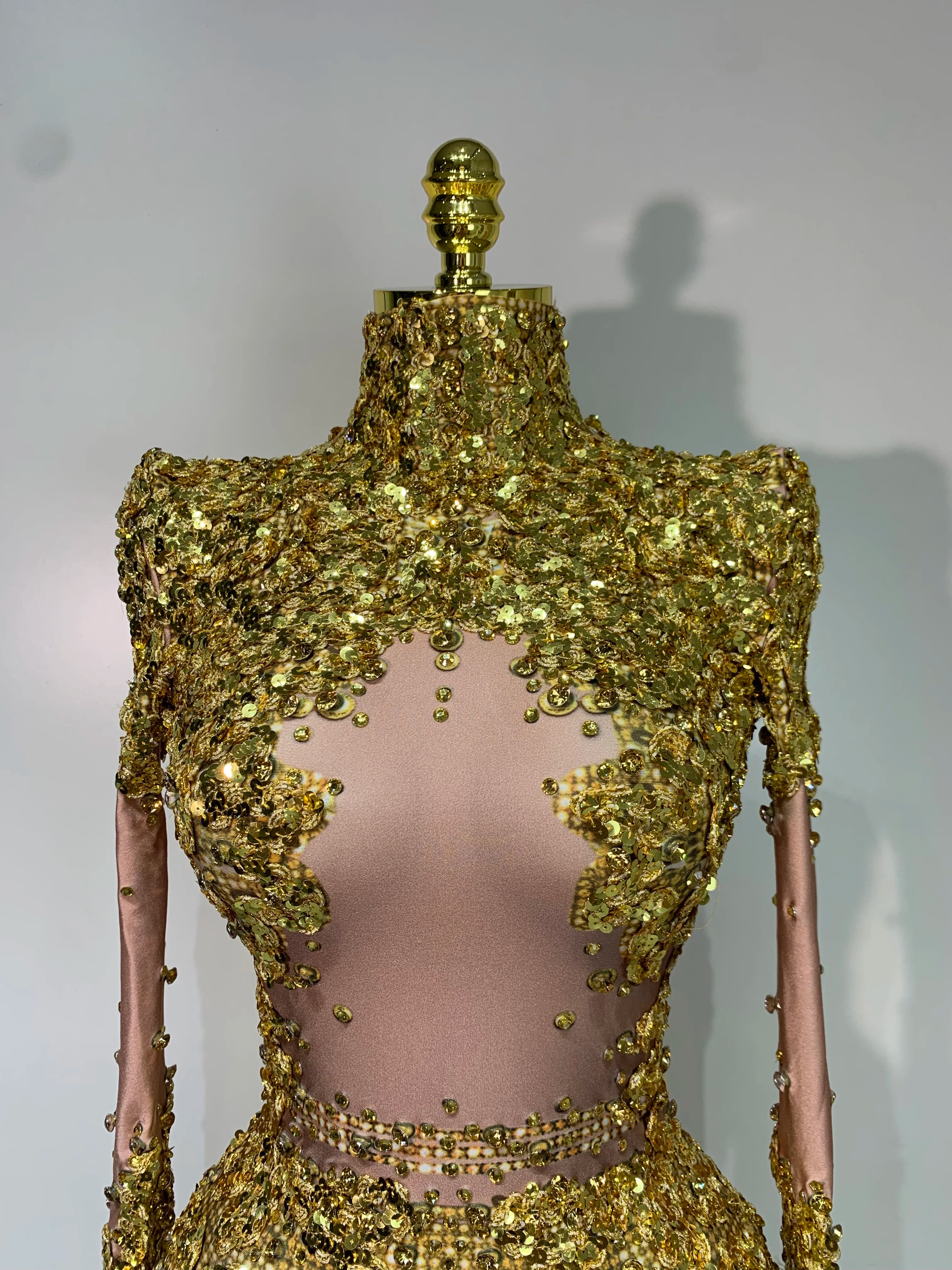 Sparkly Gold Rhinestone Sequin Stretch Bodysuits  Women Luxury Birthday Party Nightclub Dancer Stage Performance Costume