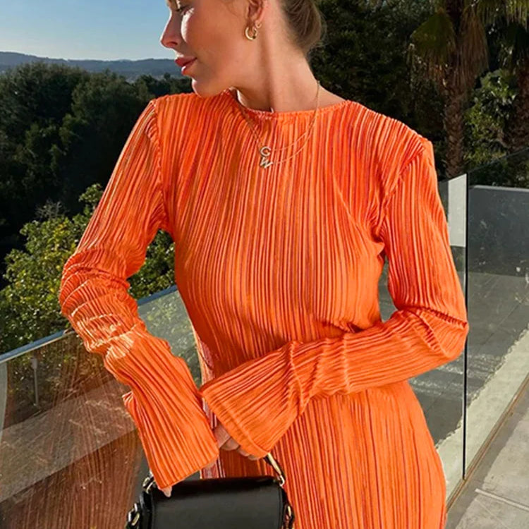 Hawthaw Women Fashion Long Sleeve Streetwear Bodycon Orange Midi Dress 2022 Autumn Clothes Wholesale Items For Business