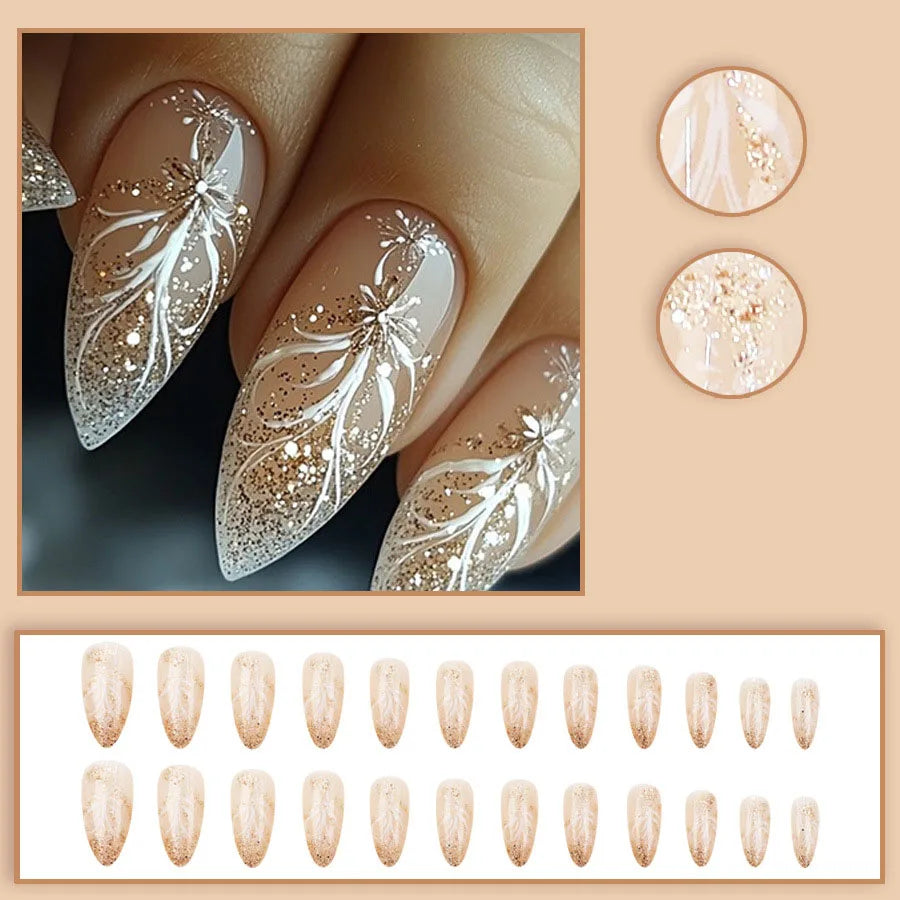 24pcs/set Short Medium fake nails for women girls gradient shiny glitters heart french Square almond tips Press on false nail