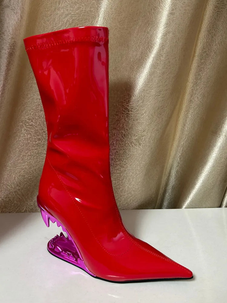 European and American New Knee-length Thigh Women's Boots Fashion Pointed Side Zipper Teeth High Heels Show Patent Leather Boots Red Short Style