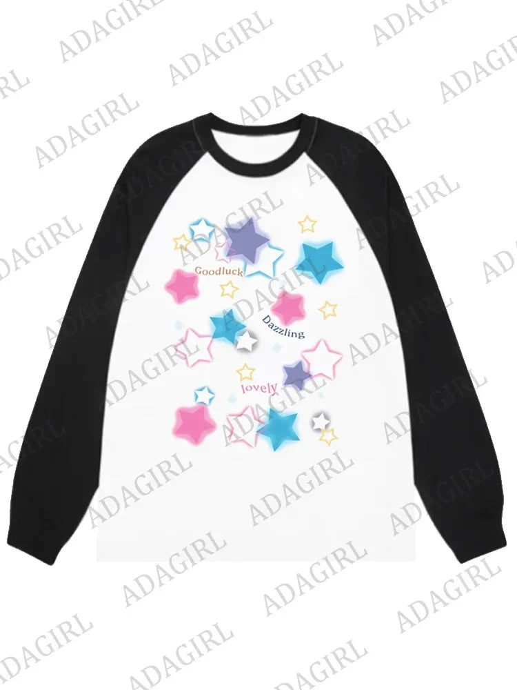 ADAgirl Women Star Graphic Hoodies Y2K Aesthetic Raglan Sleeve Sweatshirt E-girl Oversized Harajuku Tops Cutecore Kawaii Clothes Black