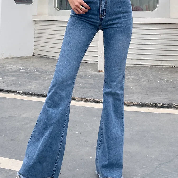 Benuynffy Button Fly Women's Raw Hem Flare Jeans Autumn Fashion Woman Denim Pants Jean Femme High Waist Full Length Slim Jeans Blue