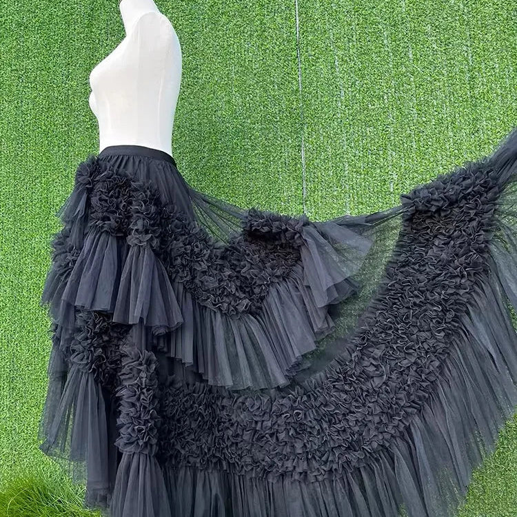 3 Colors Women's Irregular Hem Ball Gown Long Skirt Tulle Ruffles Multilayers Skirt Ladies Fairy Gauze Maxi Skirts Female Outfit black