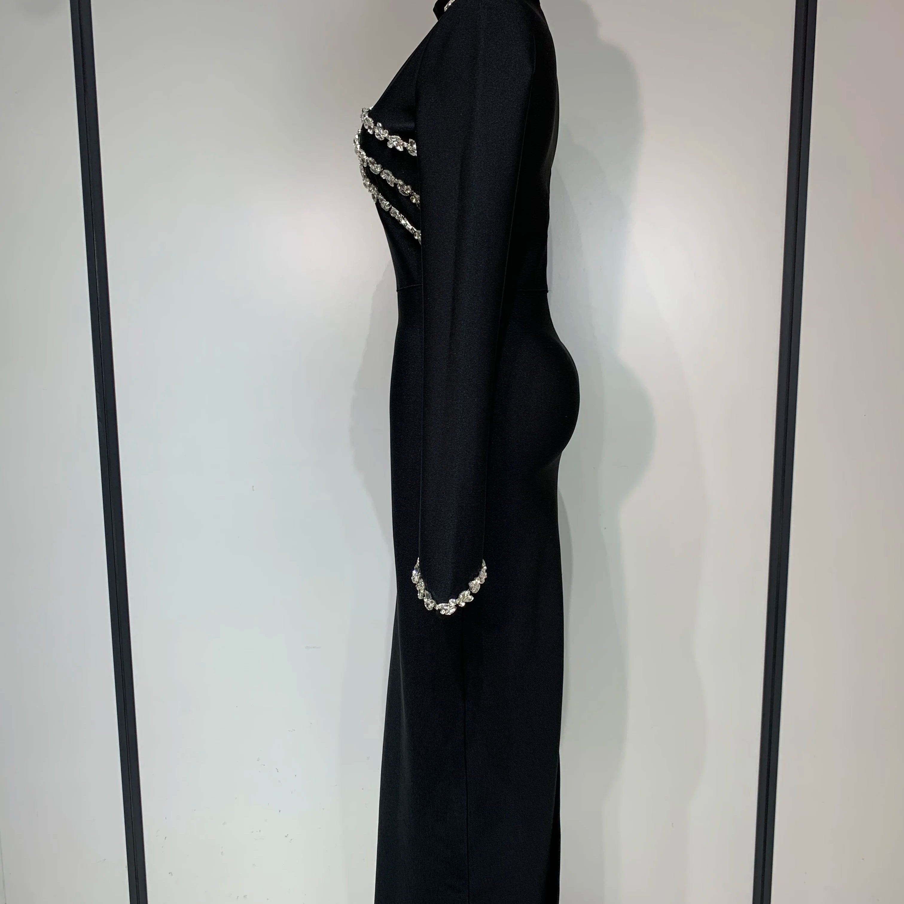 High Quality Women Long Sleeve Shinning Crystal Bodycon Long Bandage Dress Celebirty Elegant Evening Party Luxury Birthday Dress