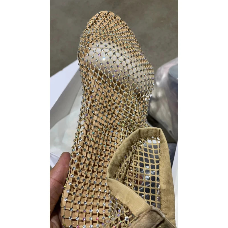 Women's Shoes Luxury Diamond Round Head Ladies Shoes Women's Sandals With Elastic Fishnet Socks Slippers