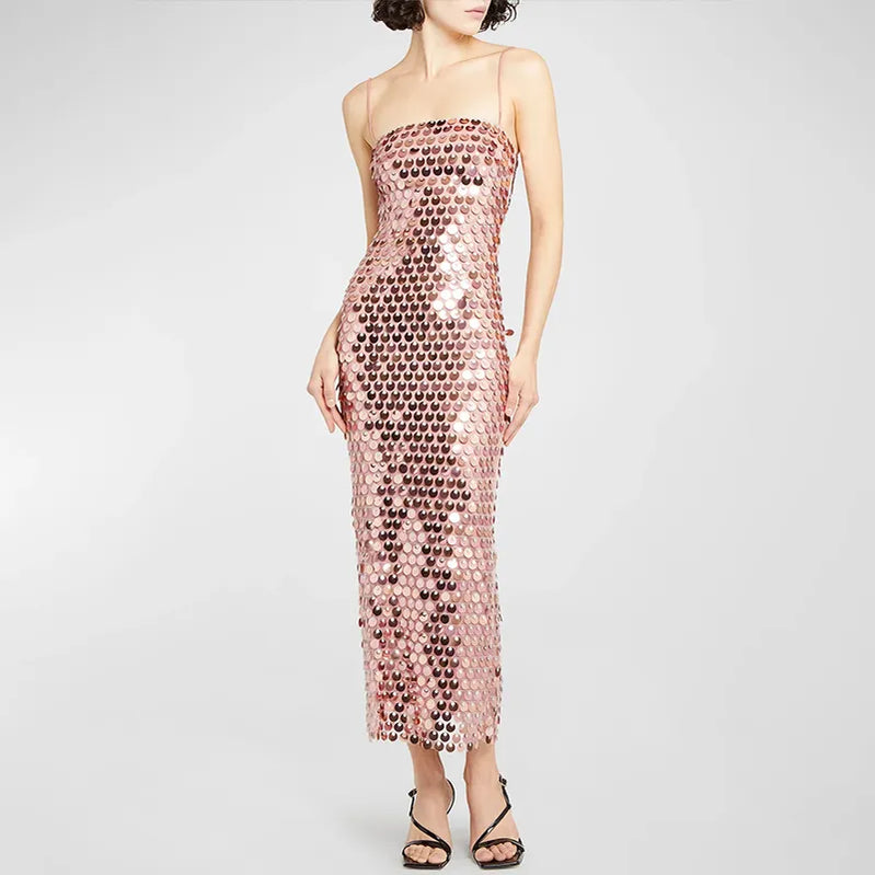 Sequined Tube Top Strap Dress Women Sexy Sleeveless Slim Solid Straight Long Vestidos Fashion Backless Slip Split Evening Robe 2