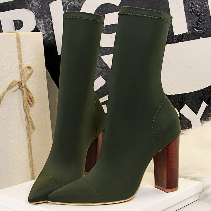 Women 10cm High Heels Silk Sock Boots Green Square Block Heels Ankle Boots Lady Spring Autumn Pointed Toe Satin Sexy Party Shoes