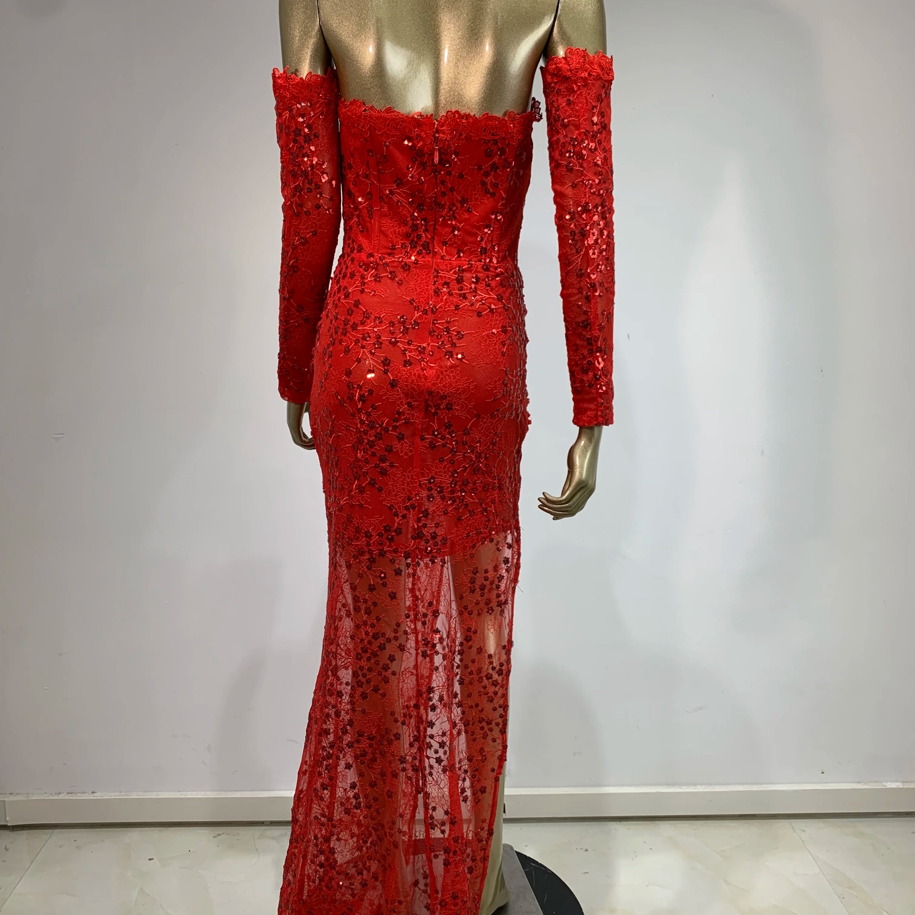 Women Summer Sexy Off Shoulder Lace Sequins Red Maxi Long Bodycon Dress 2024 Elegant Evening Party Club Dress Vestido