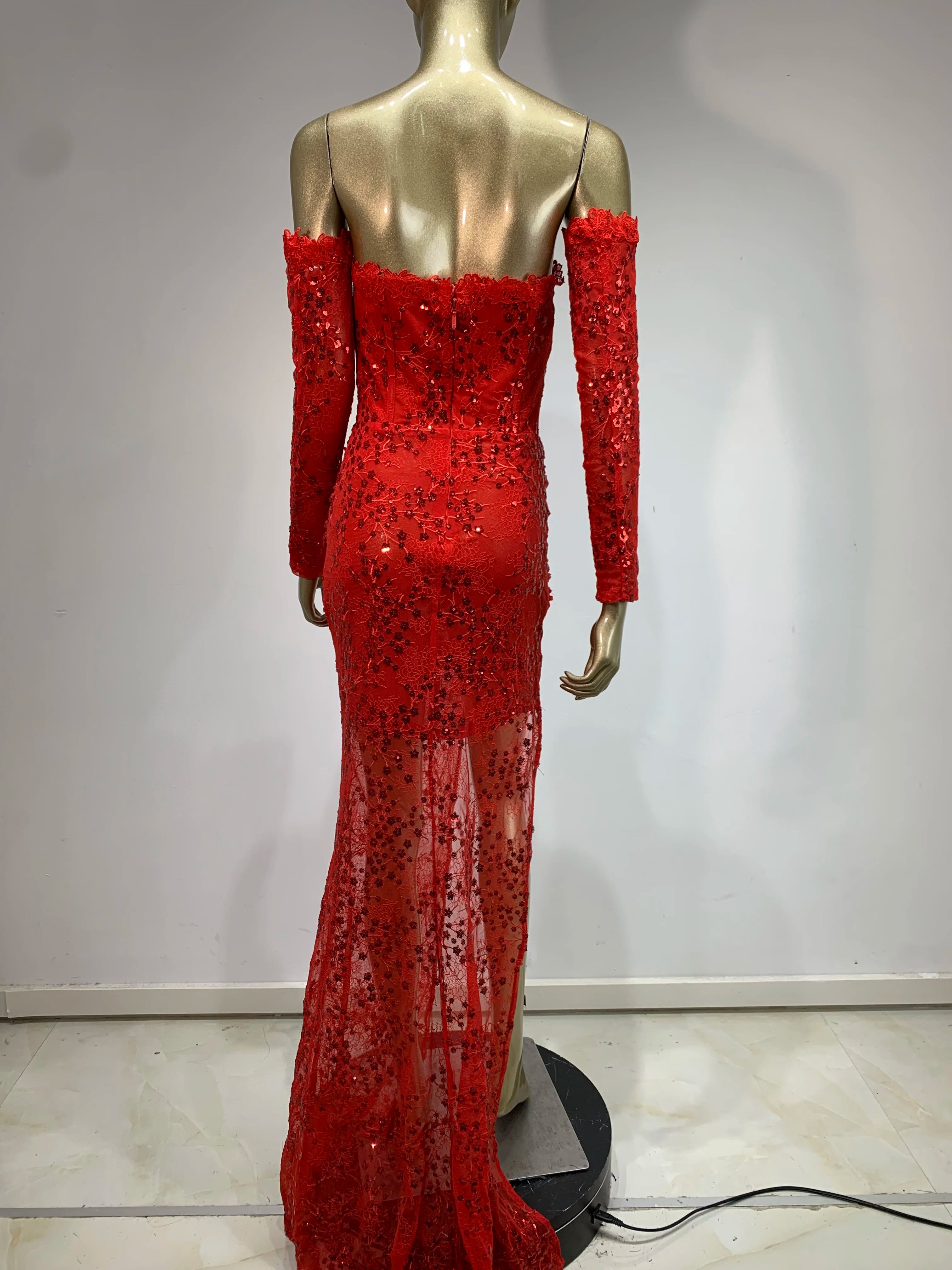 Women Summer Sexy Off Shoulder Lace Sequins Red Maxi Long Bodycon Dress 2024 Elegant Evening Party Club Dress Vestido