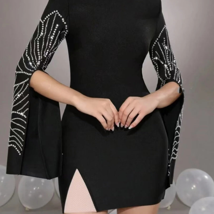 TWOTWINSTYLE Solid Slimming Temperament Dresses for Women Round Neck Long Sleeves Patchwork Diamonds Dress Female Clothing New