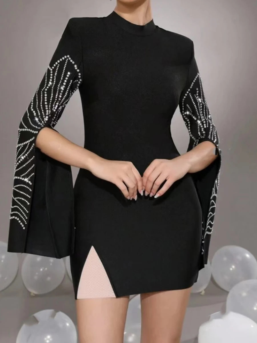 TWOTWINSTYLE Solid Slimming Temperament Dresses for Women Round Neck Long Sleeves Patchwork Diamonds Dress Female Clothing New