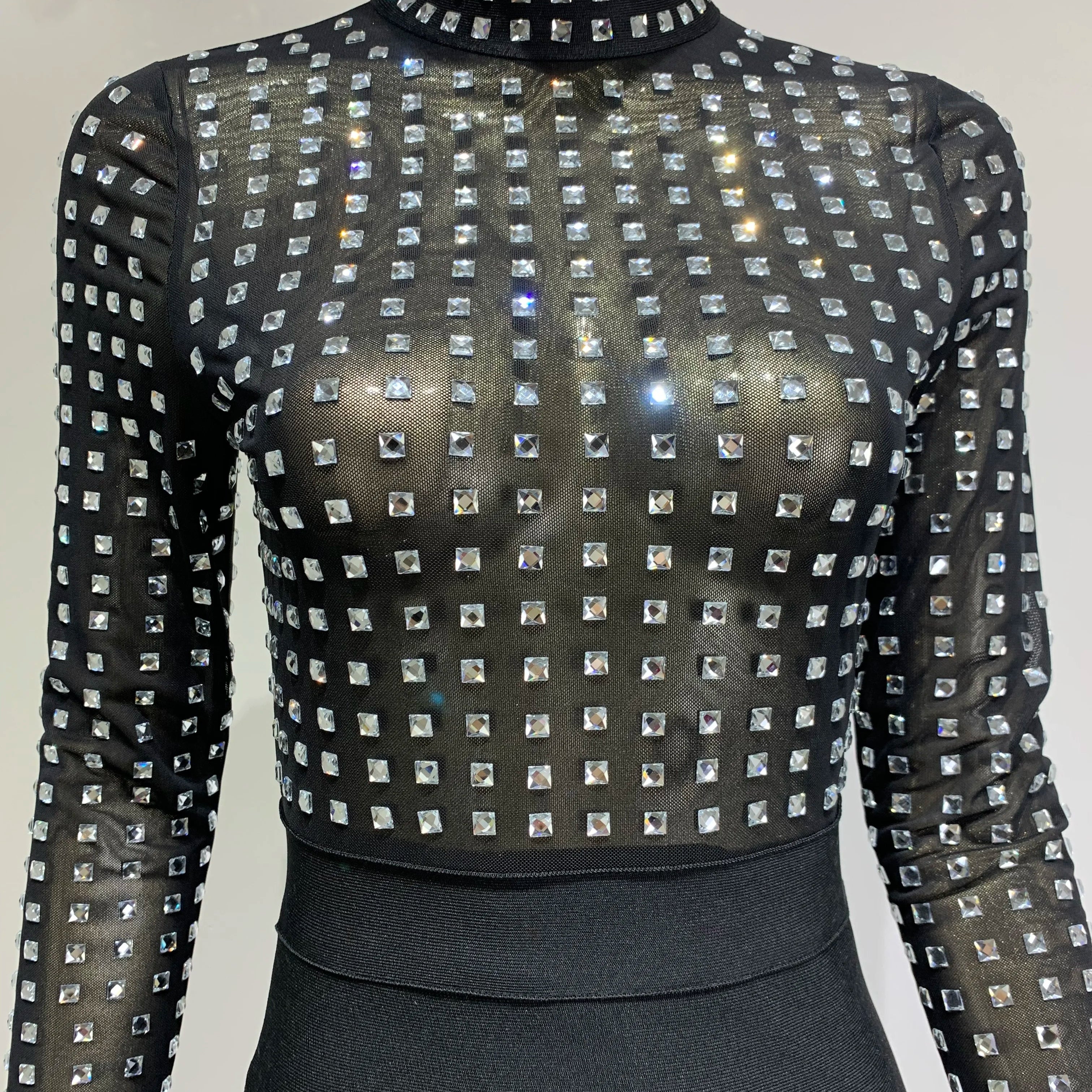 est Women Celebrity Sexy Turtleneck Rhinestone Black Midi Bodycon Bandage Dress Elegant Evening Club Party Dress