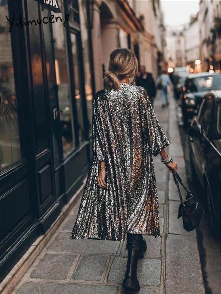 Fashion Sequins Jacket for Women Fall Winter Oversized Casual Party Coats Ladies Chic Long Sleeve Y2k Coats