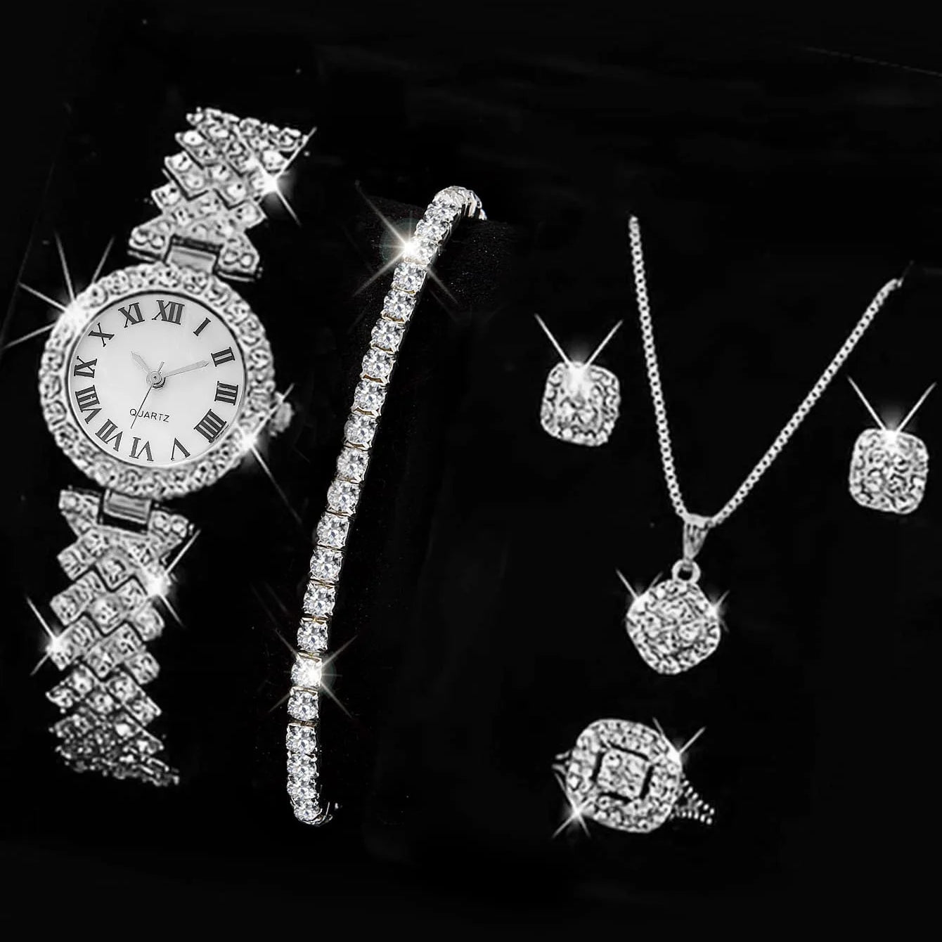 5PCS Set Watch Women Ring Necklace Earrings Rhinestone Fashion Wristwatch Female Casual Ladies Watches Bracelet Set Clock Silver A