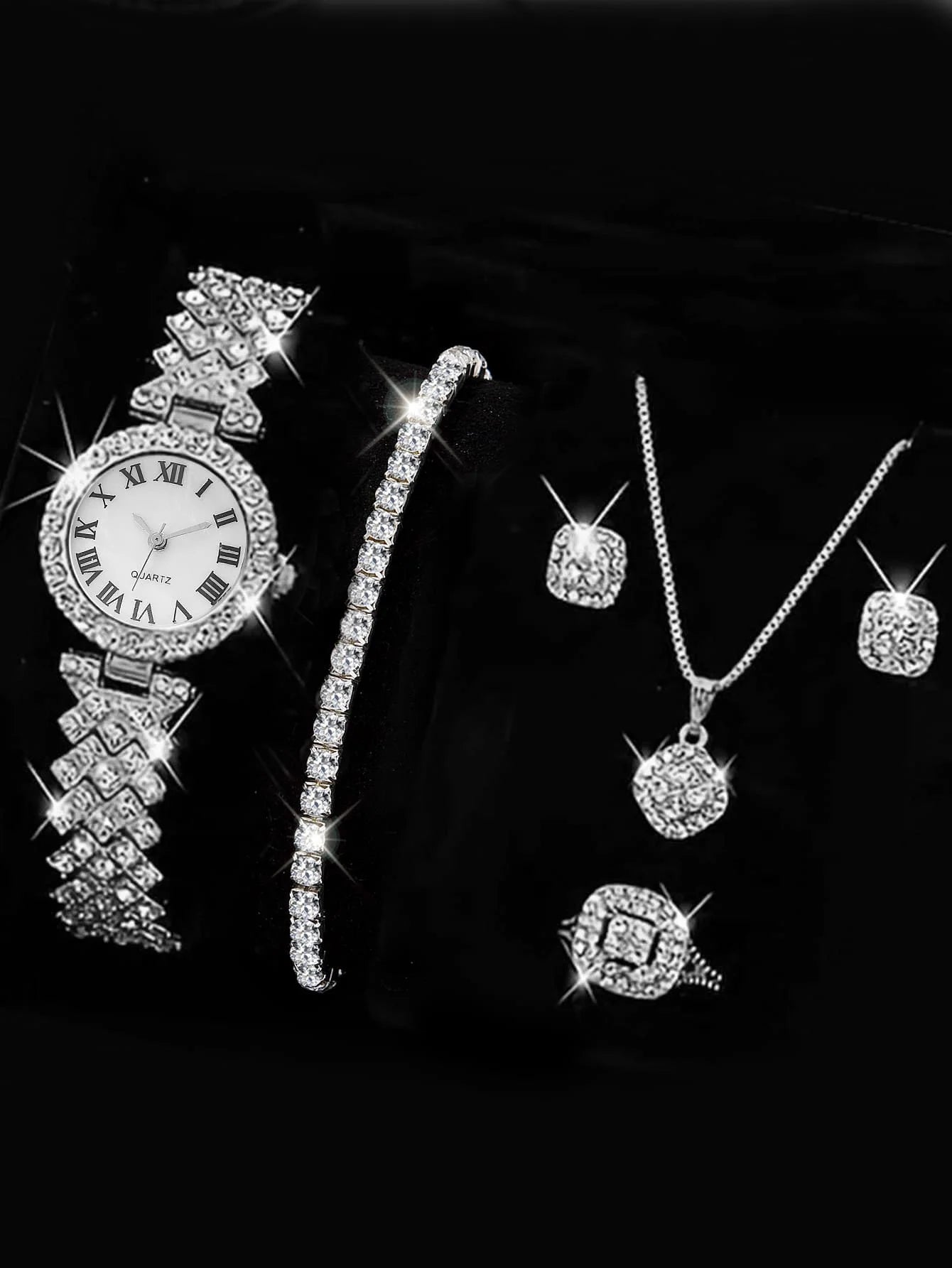 5PCS Set Watch Women Ring Necklace Earrings Rhinestone Fashion Wristwatch Female Casual Ladies Watches Bracelet Set Clock Silver A