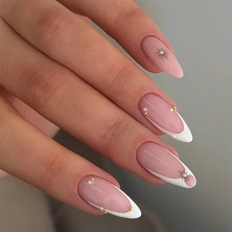 24Pcs Mid-length French Almond False Nails with Pearl Rhinestone Design Press on Nails Art Detachable Full Cover Fake Nails Tips