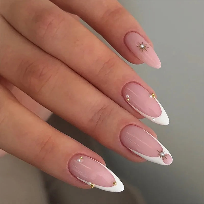 24Pcs Mid-length French Almond False Nails with Pearl Rhinestone Design Press on Nails Art Detachable Full Cover Fake Nails Tips