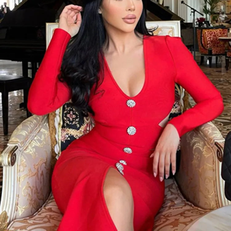 Women Winter Bandage Dress 2022 Sexy V Neck Long Sleeve Cut Out White Diamonds Midi Elegant Evening Party Club Dress Vestidos