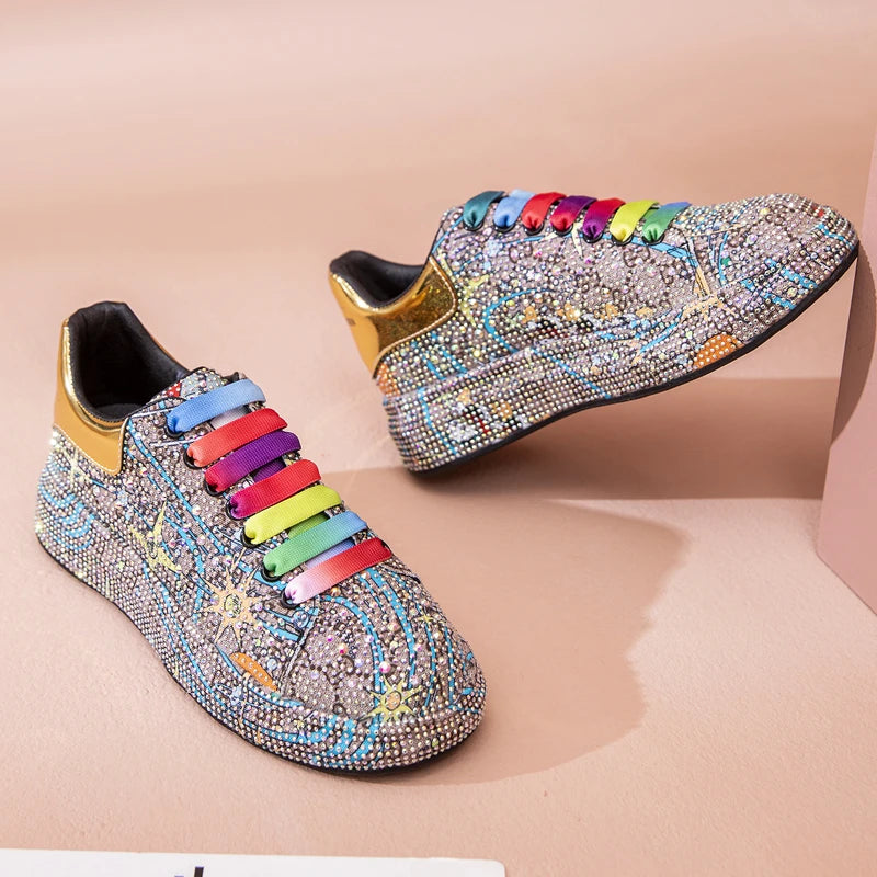 Sneakers Women's Big Size New Color Rhinestone Fashion Women Loafers Platform Fashion Shiny Women's Shoes Graffiti Rhinestone