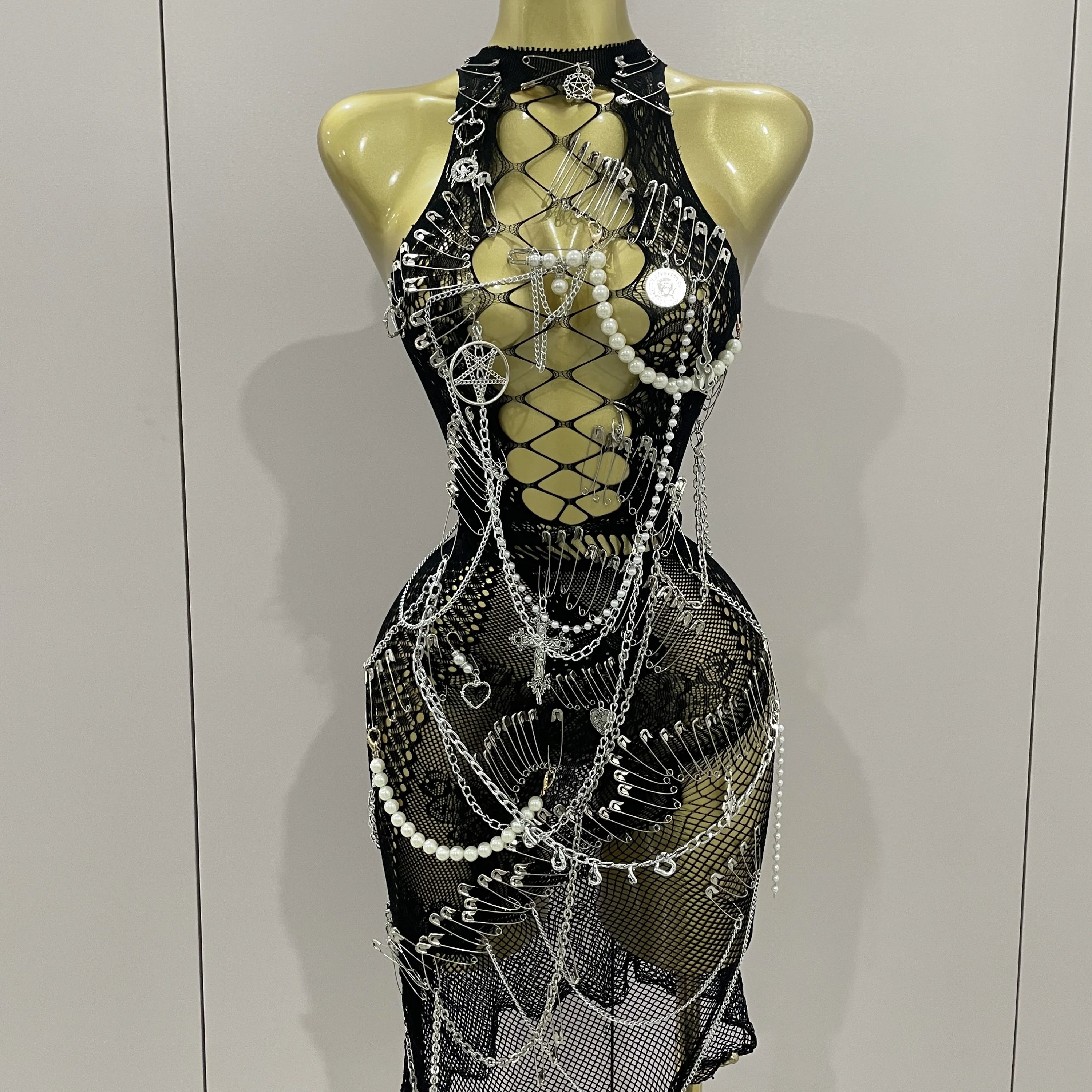 Sexy Black See-Through Pin Decoration Chain Beading Short Dress 2025 Women Birthday Evening Party Nightclub Performance Costume