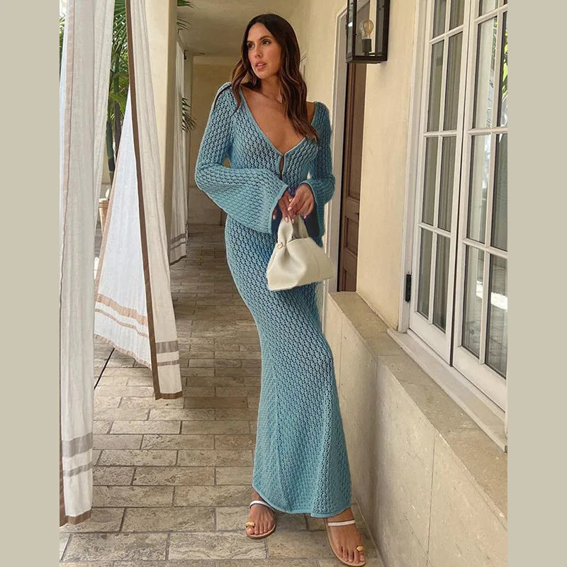 Sexy Women Long Knit Beach Dress Hollow-Out Deep V-Neck Long Sleeve Bikini Cover-Ups Dress Fall Backless Holiday Dress Light Blue