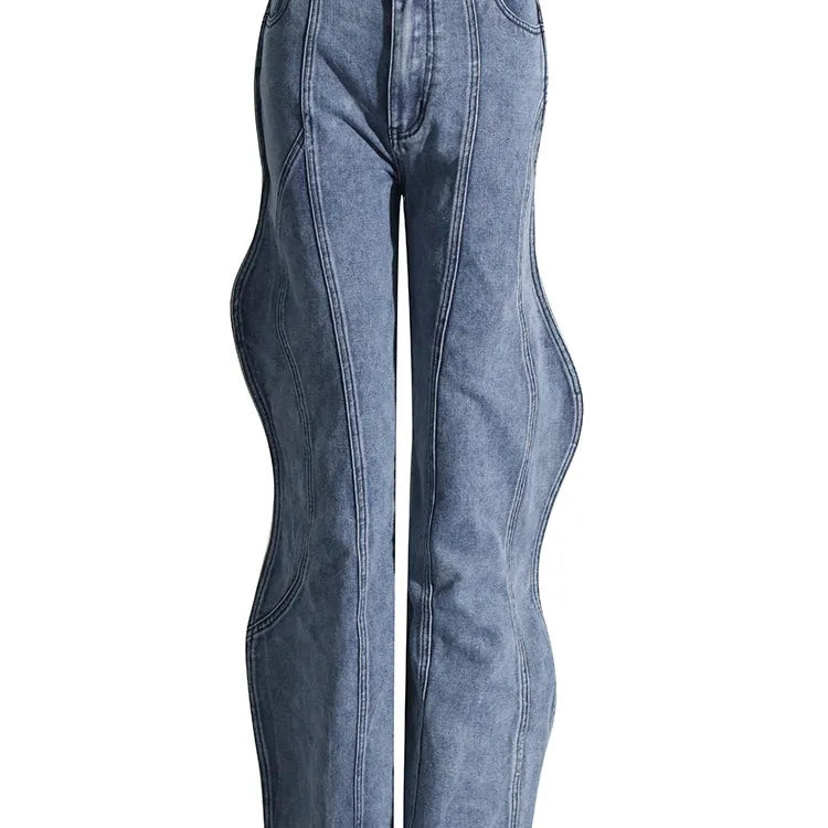 Irregular Spliced Pockets Jeans High Waist Patchwork Zipper Vintage Minimalist Wide Leg Jean Female Fashion Clothes