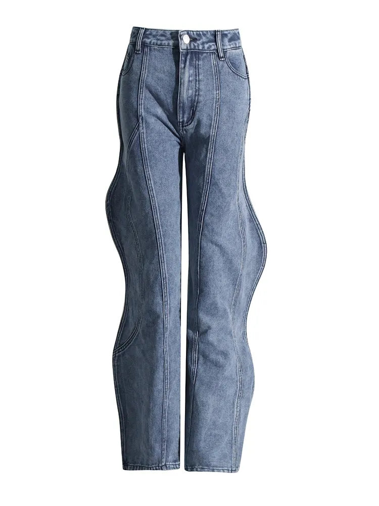 Irregular Spliced Pockets Jeans High Waist Patchwork Zipper Vintage Minimalist Wide Leg Jean Female Fashion Clothes