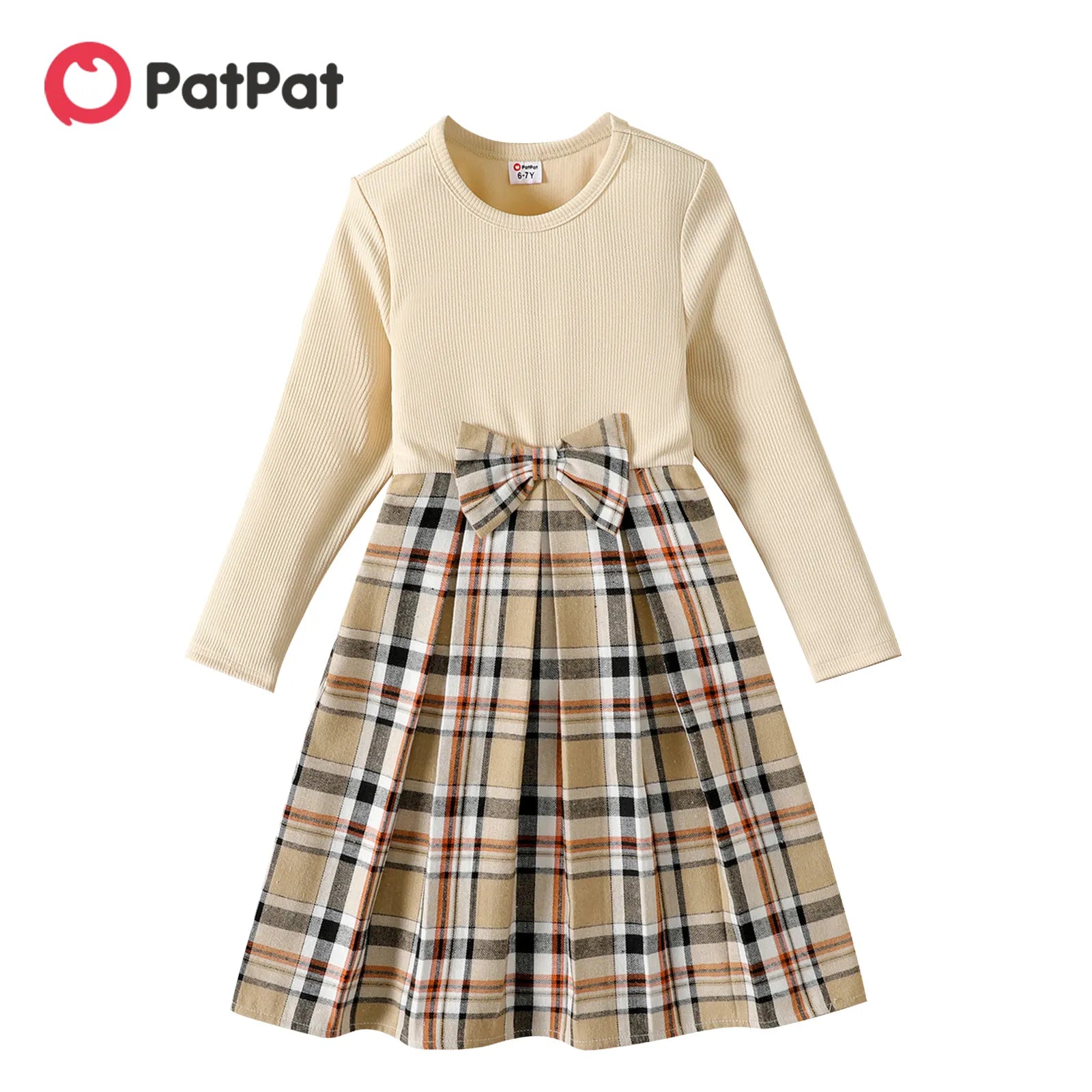 Patpat Kid Girl Kleider Kleid Bowknot Design gerippte karierte Spleiß