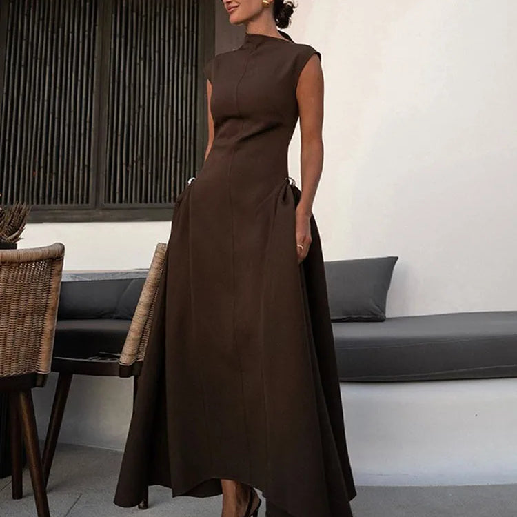 Elegant High Collar A-line Maxi Dress For Women Fashion Solid Pleated Slim Long Dresses 2024 New Lady Evening Party Prom Gowns
