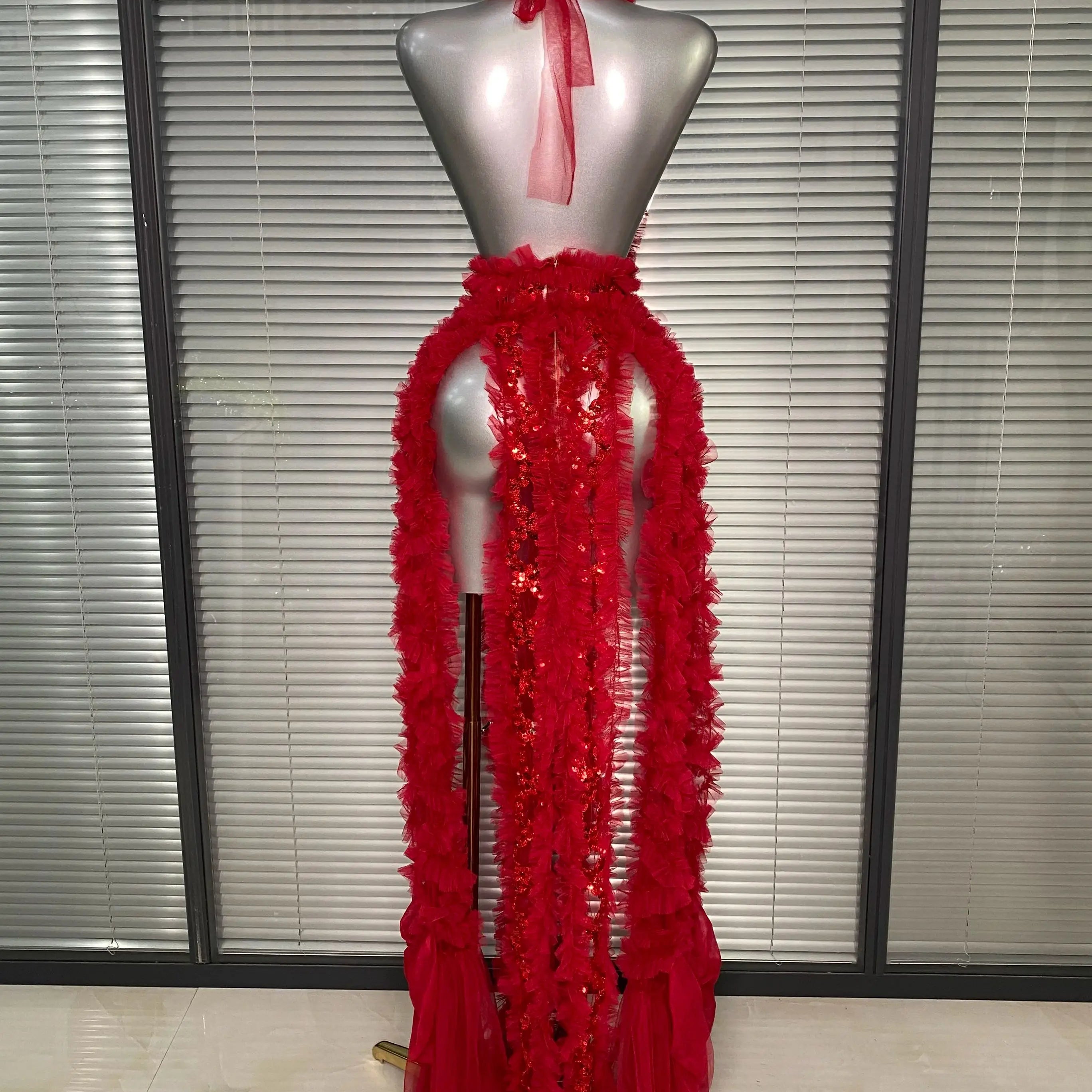 Ins New Women Sexy See Through Sequins Sparkly Red Pink Long Maxi Dress Party Costume Singer Stage Performance Dress