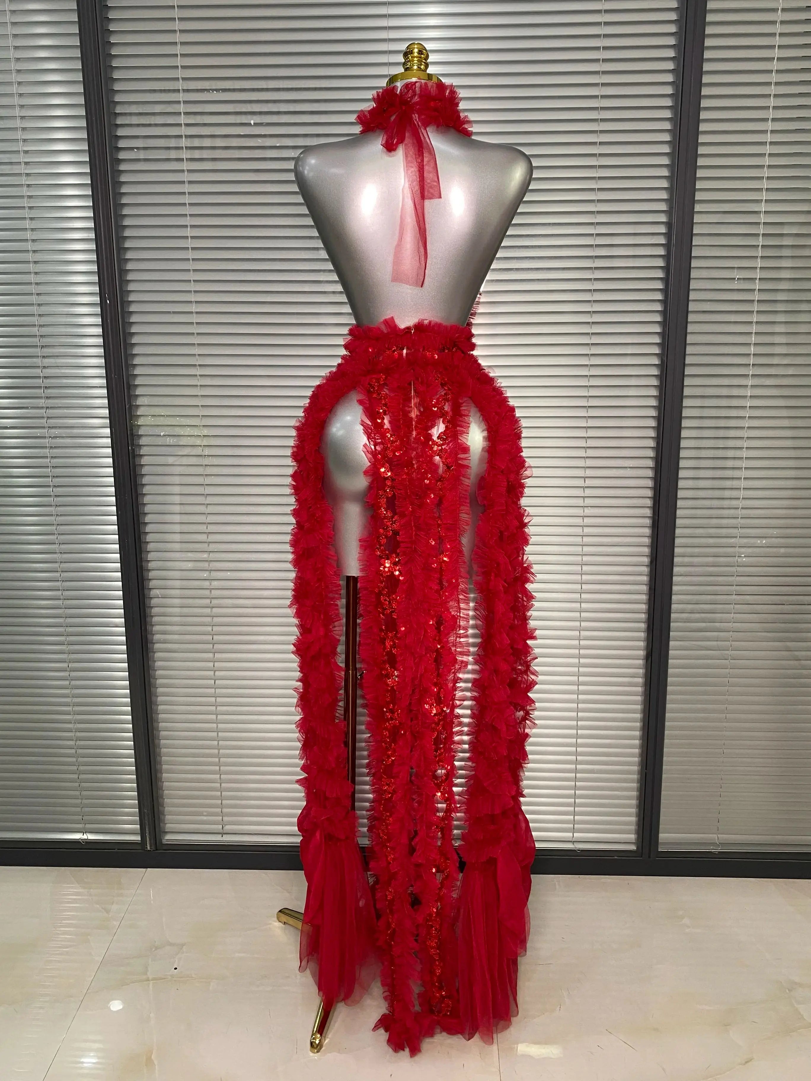 Ins New Women Sexy See Through Sequins Sparkly Red Pink Long Maxi Dress Party Costume Singer Stage Performance Dress