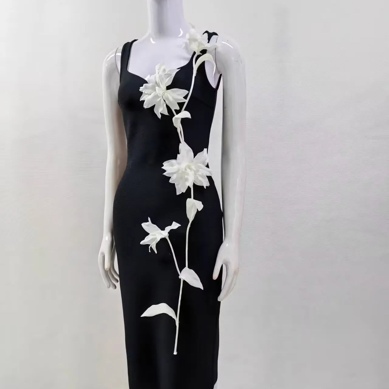 Women Sleeveless Sexy O-Neck Flowers Bodycon Mid-calf Bandage Dress Birthday Party Celebrate Cocktail Dress