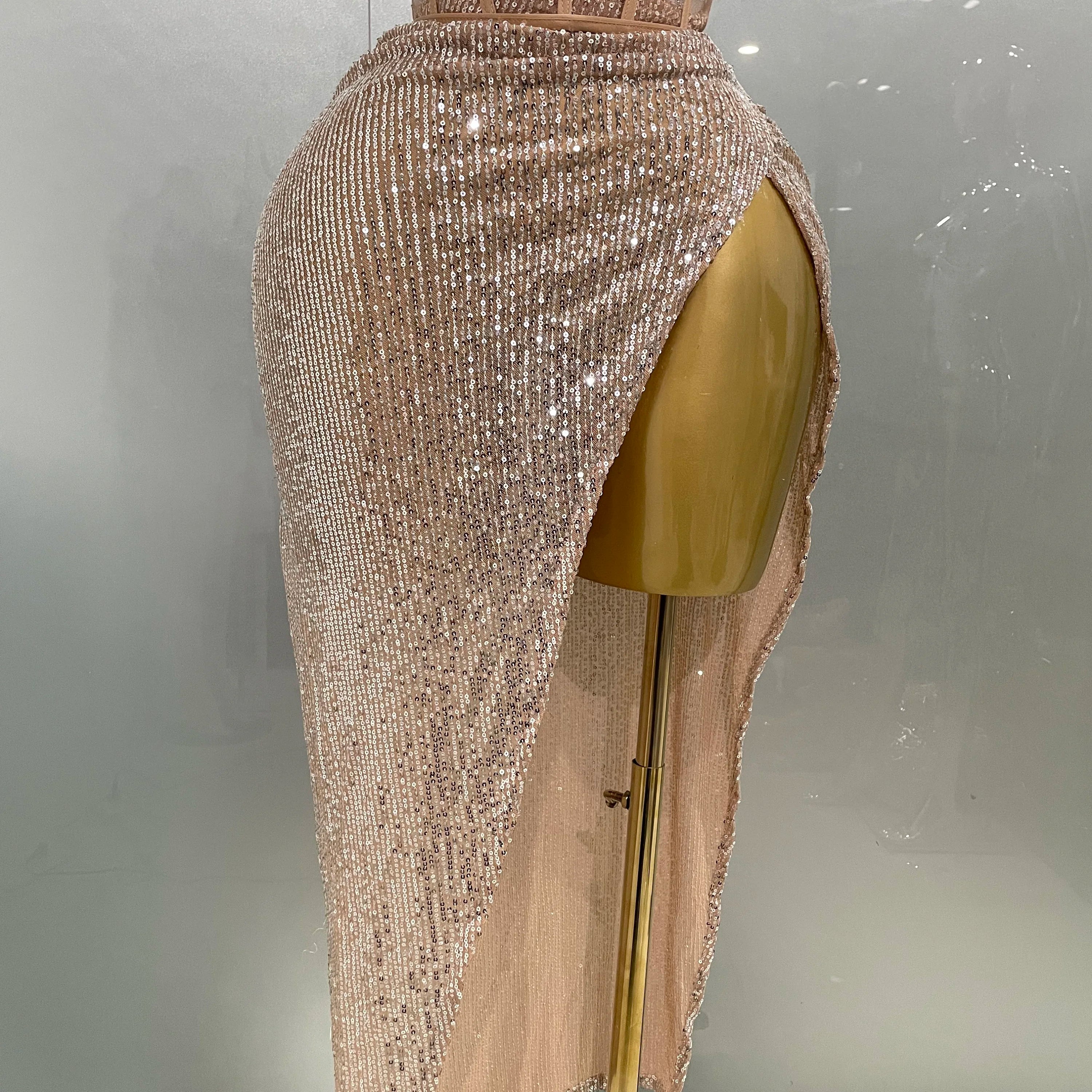 2025New Women Sparkle Rhinestone Sequins Two Pieces Evening Party Dress Celebrate Festival Dancer Bar Nightclub Ds Dj Stage Wear