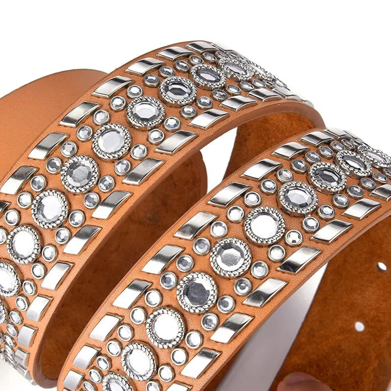 Women's Jeans Rhinestone Large Waistband Western Jeans Shiny Rivet Design PU Leather Artificial Rhinestone Waistband Hip Hop Pun