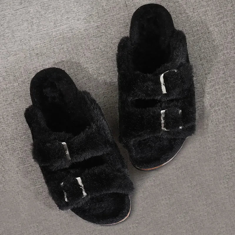 Cork Plush Flip Flops Clogs For Women Slippers Winter Furry Fluffy House Slippers With Arch Support Fuzzy Fur Flip Flops