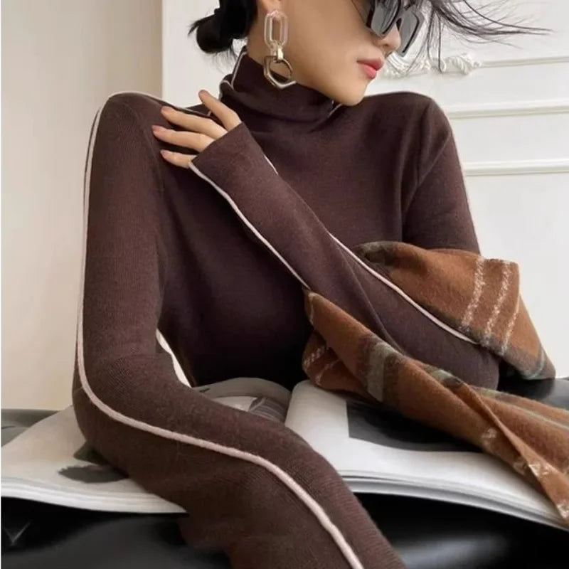 New Fashion Turtleneck Pullovers Women Autumn and Winter Slim Fit Long Sleeved Top Elegant Office Lady Sweaters Black White 2024 Brown One Size