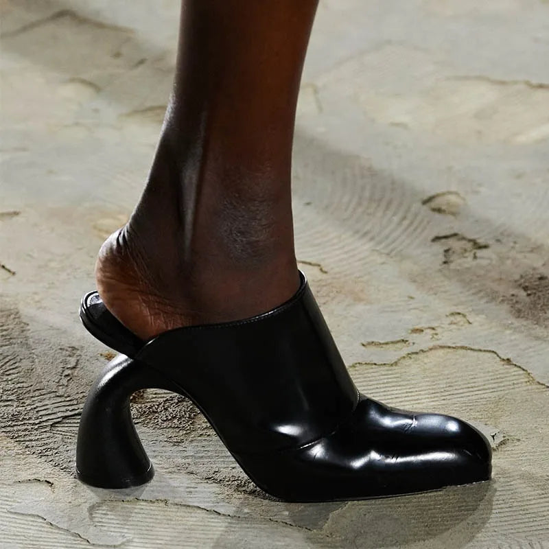 Black White Mule Heels Open Toe Strange Style Heeled Sandals Women Fashion Shoes High Heel Slides Slip On Mules Summer Footwear