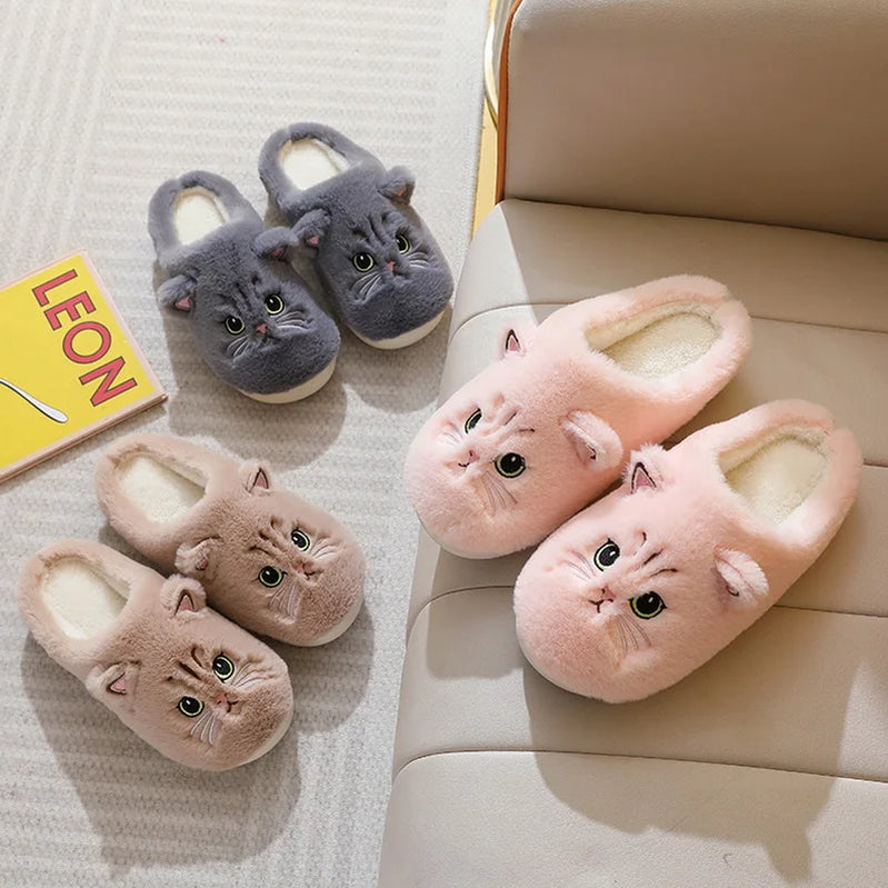 Lovely Cute Cat Slippers Fluffy Furry Women Home Platform Slippers Men Winter Plush Slides Indoor Fuzzy Slippers Cotton Shoes