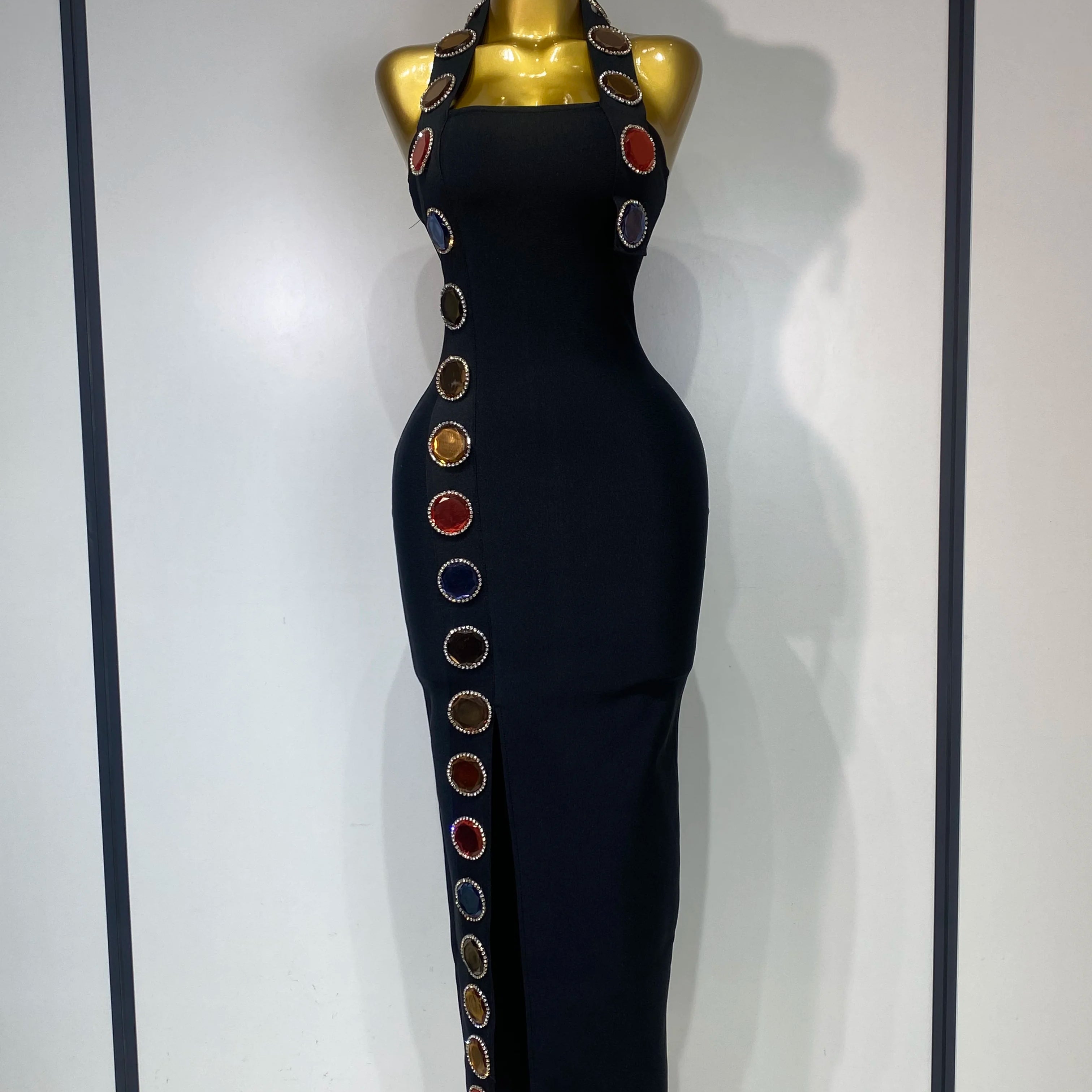Women Elegant Bandage Bodycon Dress Halter Rhinestons Elastic Dress Luxury Birthday Celebrity Evening Club Party Wedding Dress
