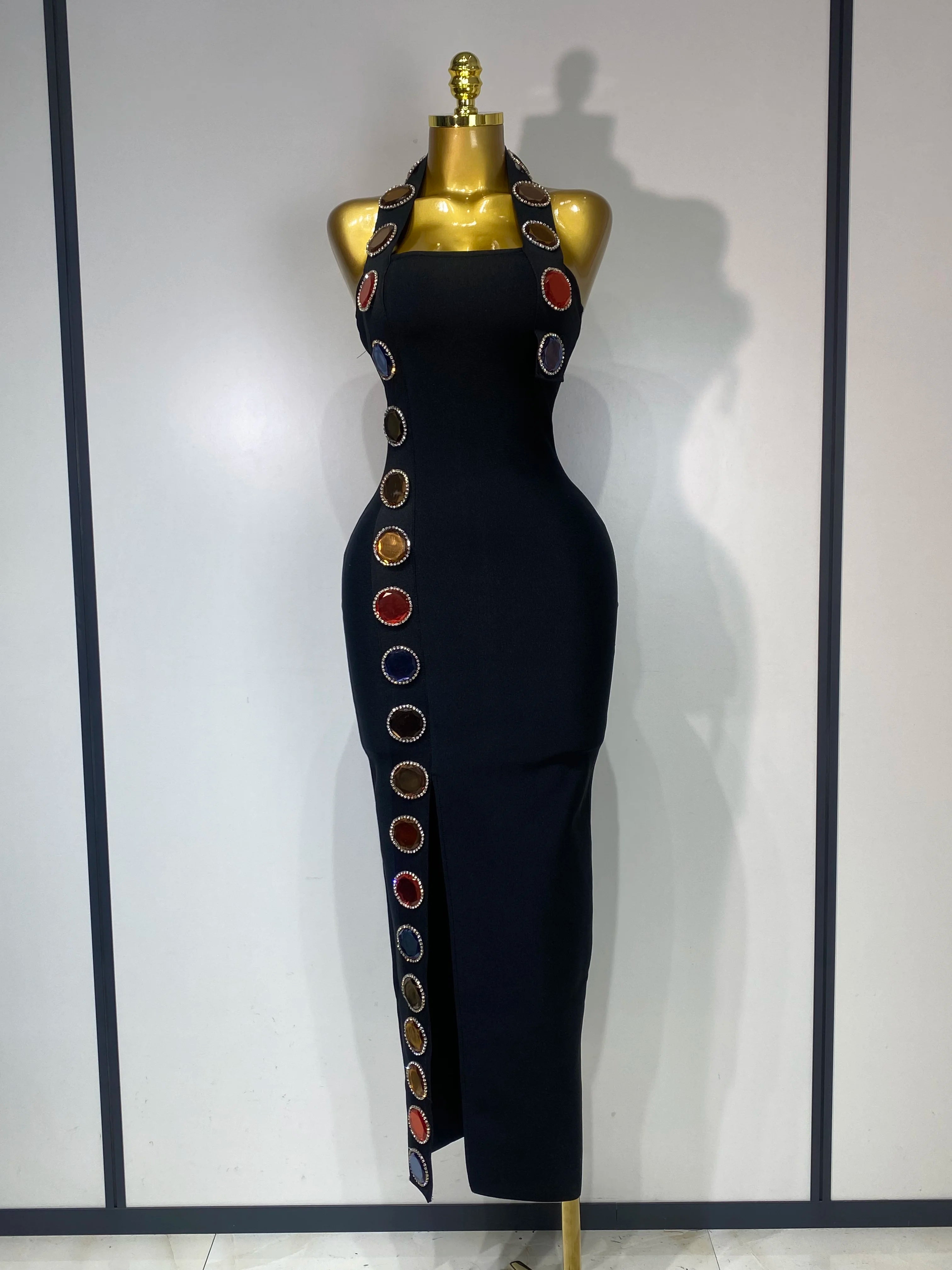 Women Elegant Bandage Bodycon Dress Halter Rhinestons Elastic Dress Luxury Birthday Celebrity Evening Club Party Wedding Dress