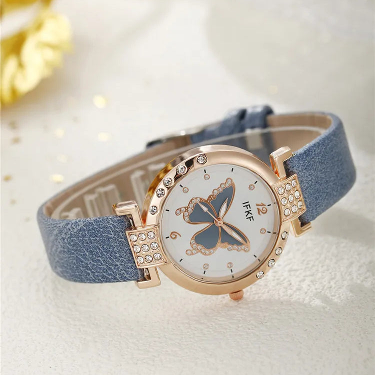 New Korean Fashion Simple Belt Quartz Watch Women's Edition+Jewelry Three Piece Set