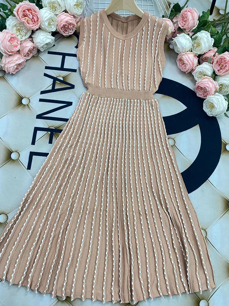 2024 New Listing Elegant Striped Knit Dress Women O-neck Sleeveless A-line Dresses Club Evening Party Midi Vestido
