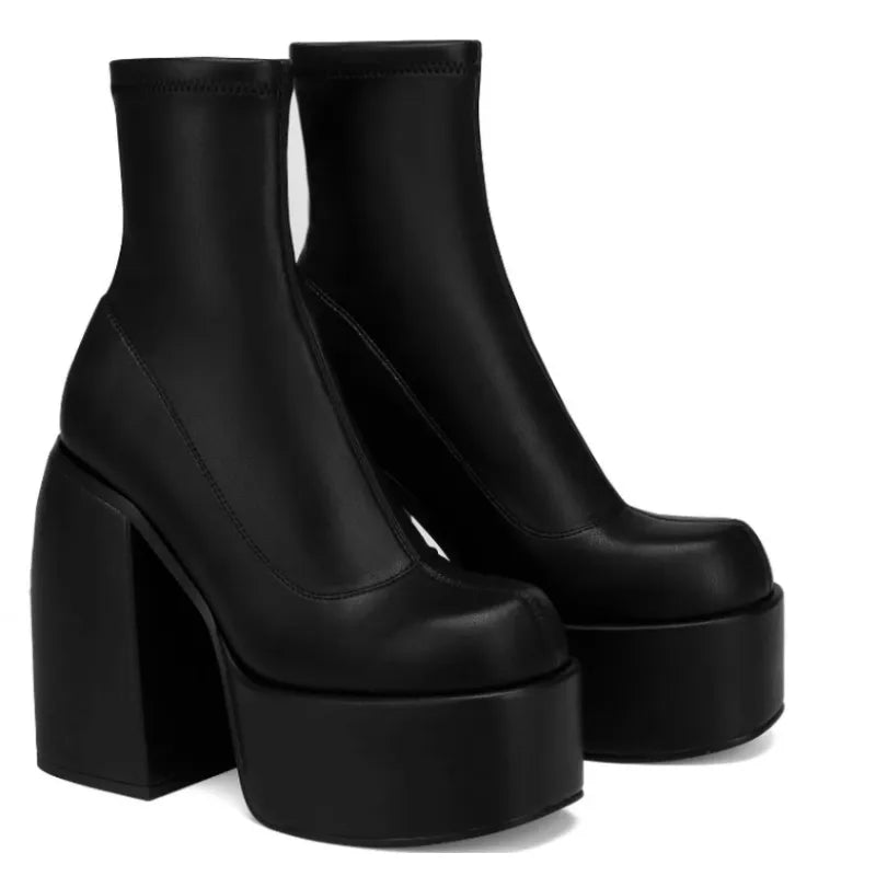 Morden Boots Women Platform Heels Round Toe Leather Boot Chunky Heels Zipper Designer Block Heel Shoes Fashion Girls Casual Shoe