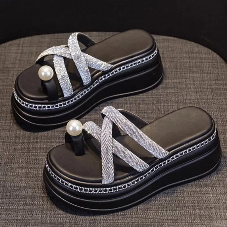 Trend Women Mid Heels Shoes Platform Open Toe Slippers Summer Fad Sandals Dress Beach Flip Flops Women Crystal Slides